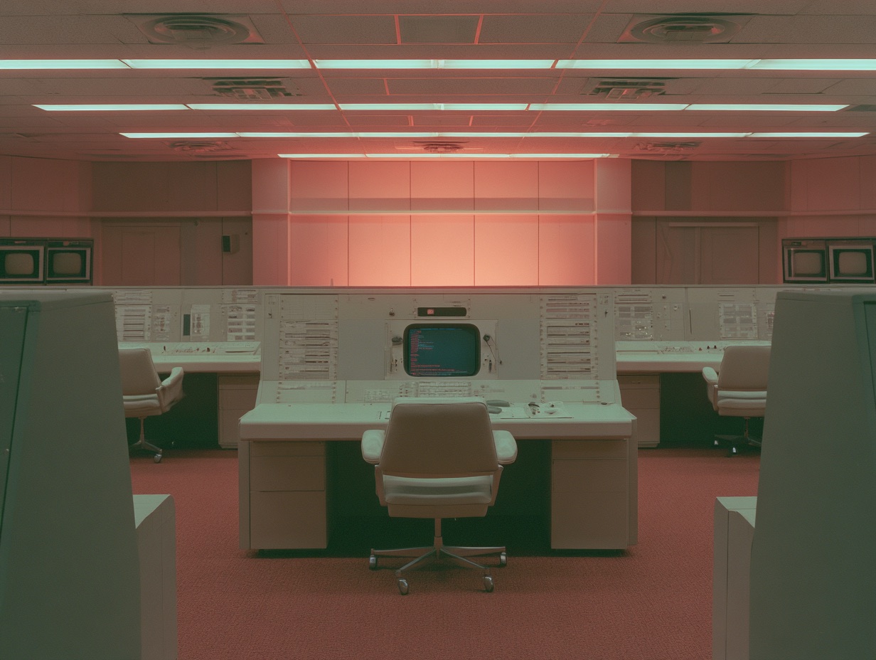 An empty chair at a 1970s console, code still running on the terminal