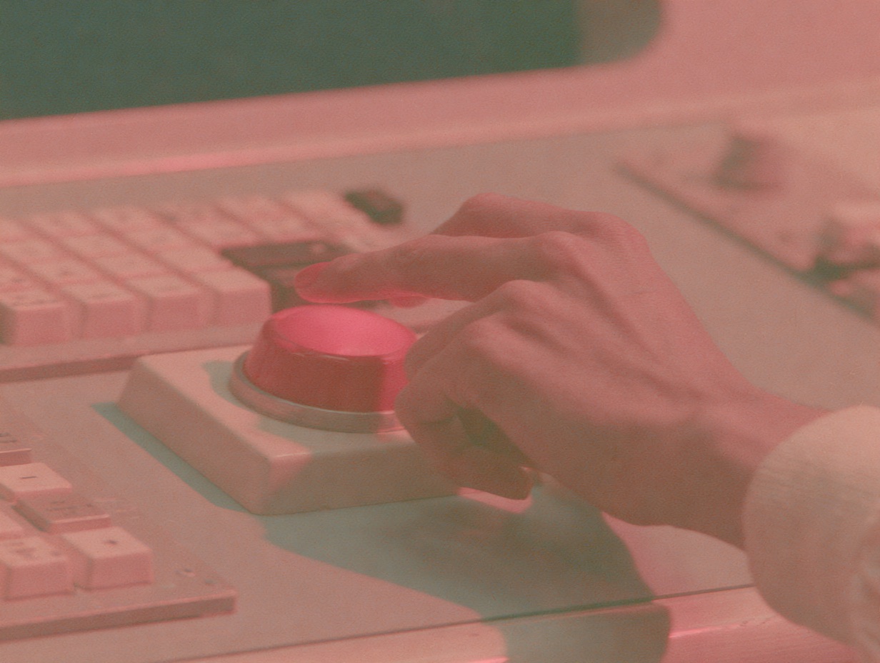 A hand reaching for the red launch button on a pale 1970s control console
